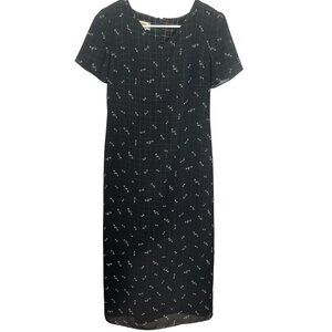 Talbots Black Midi Dress with White Dot Floral Print